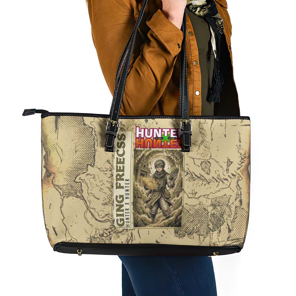 Ging Freecss Theme Desert Explorer Design Leather Tote Bag with Ancient Map Background and Adventure Card Artwork - The Mazicc