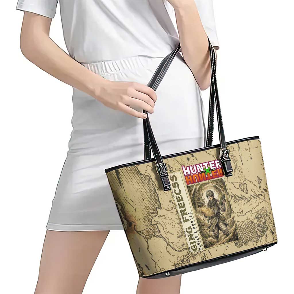 Ging Freecss Theme Desert Explorer Design Leather Tote Bag with Ancient Map Background and Adventure Card Artwork - The Mazicc