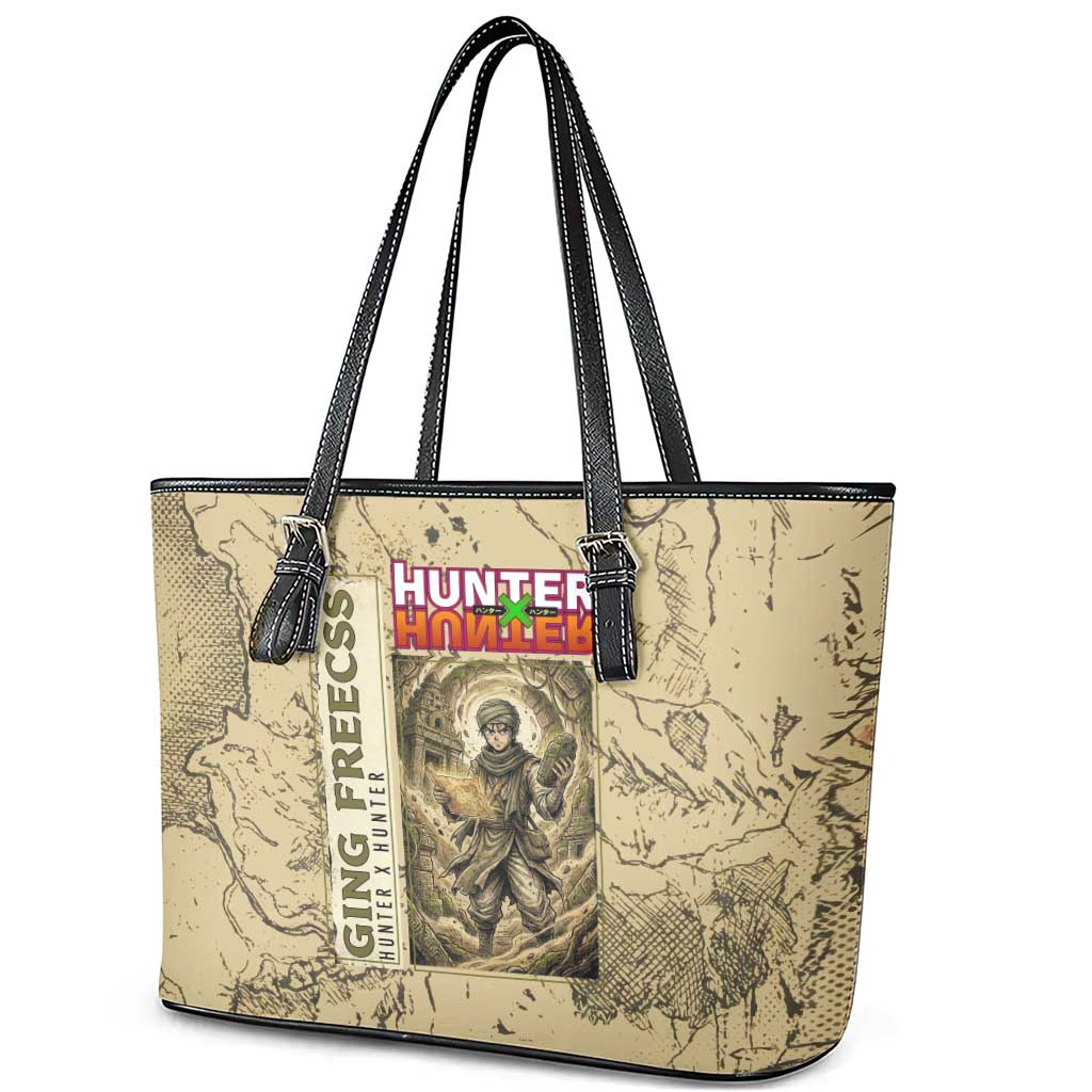 Ging Freecss Theme Desert Explorer Design Leather Tote Bag with Ancient Map Background and Adventure Card Artwork - The Mazicc