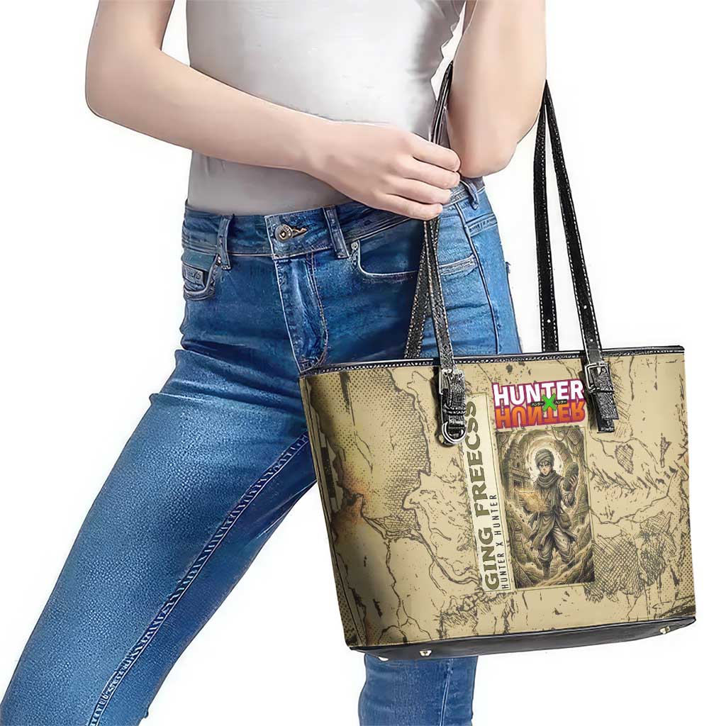 Ging Freecss Theme Desert Explorer Design Leather Tote Bag with Ancient Map Background and Adventure Card Artwork - The Mazicc