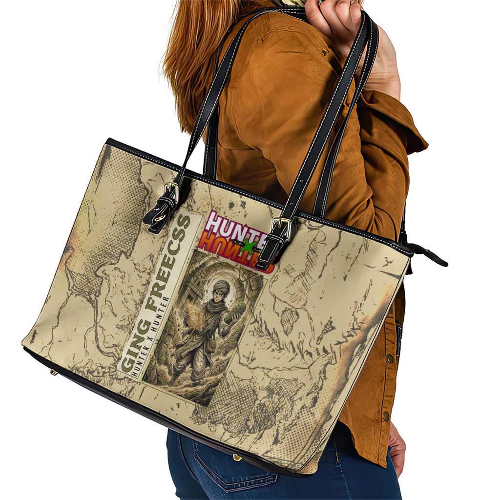 Ging Freecss Theme Desert Explorer Design Leather Tote Bag with Ancient Map Background and Adventure Card Artwork - The Mazicc