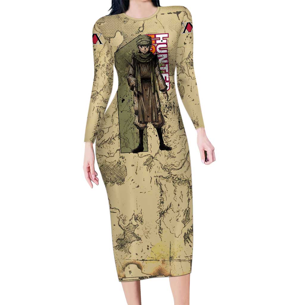 Ging Freecss Theme Desert Explorer Design Long Sleeve Bodycon Dress with Ancient Map Background and Adventure Card Artwork - The Mazicc