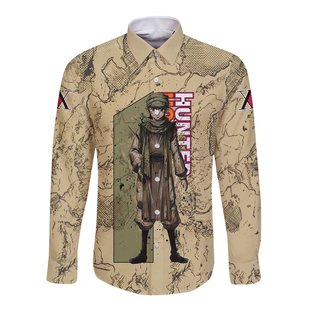 Ging Freecss Theme Desert Explorer Design Long Sleeve Button Shirt with Ancient Map Background and Adventure Card Artwork - The Mazicc