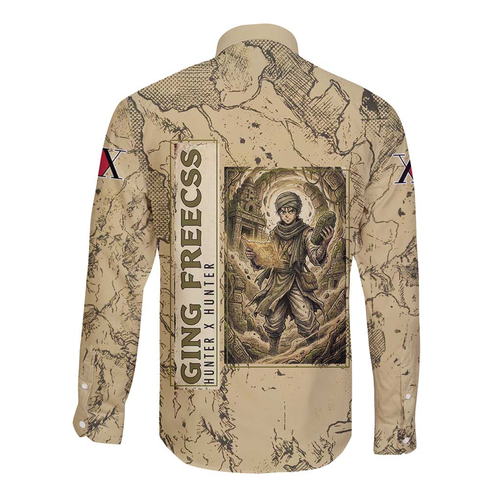 Ging Freecss Theme Desert Explorer Design Long Sleeve Button Shirt with Ancient Map Background and Adventure Card Artwork - The Mazicc