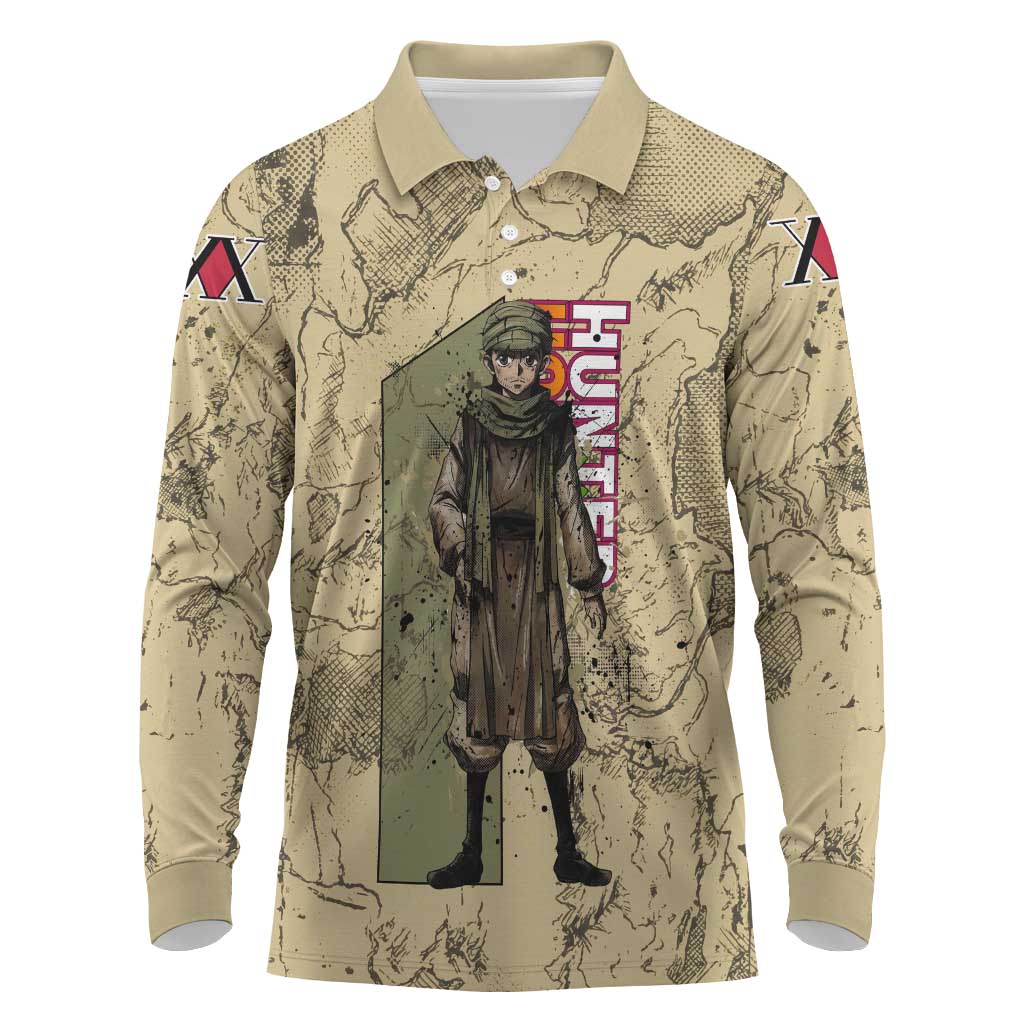 Ging Freecss Theme Desert Explorer Design Long Sleeve Polo Shirt with Ancient Map Background and Adventure Card Artwork - The Mazicc