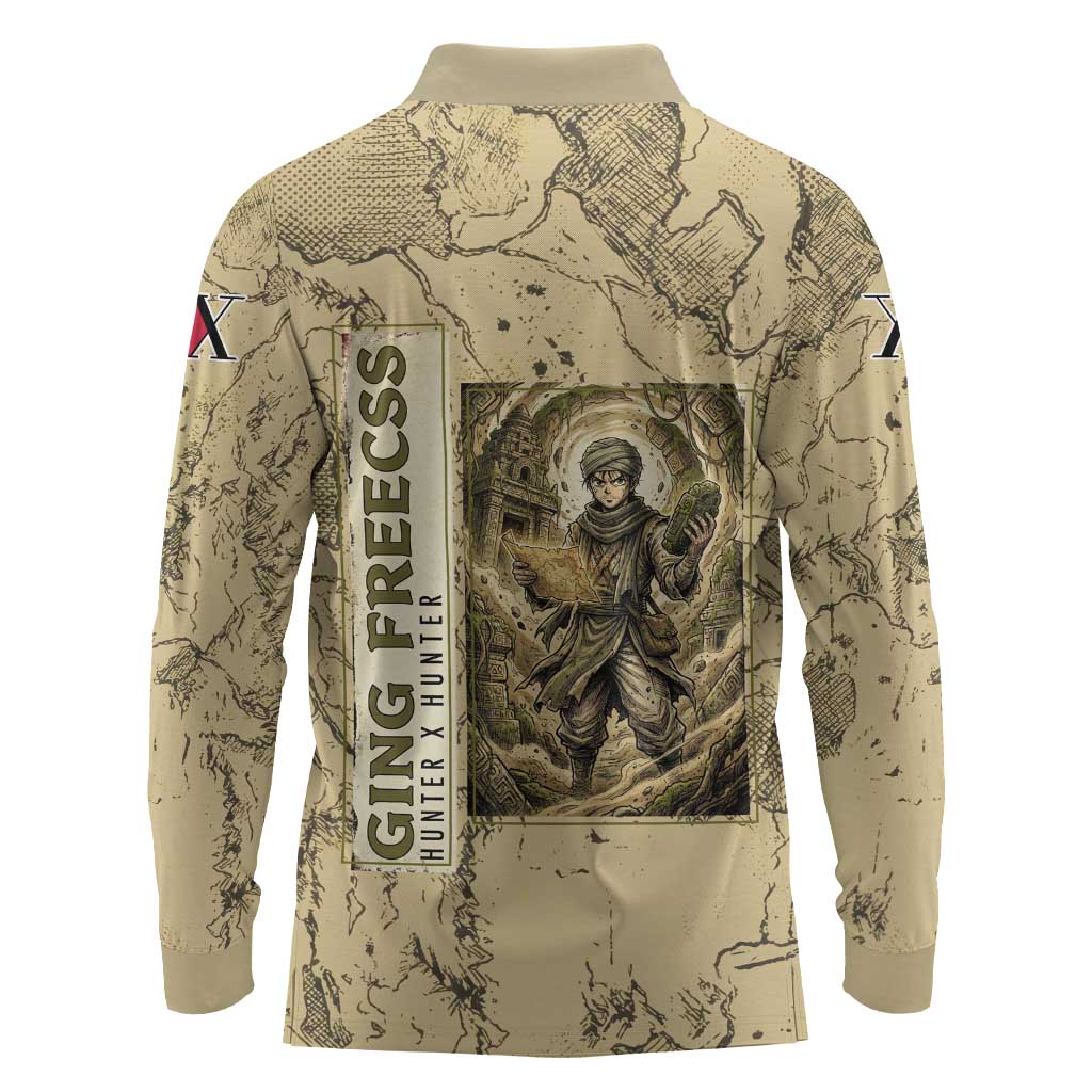 Ging Freecss Theme Desert Explorer Design Long Sleeve Polo Shirt with Ancient Map Background and Adventure Card Artwork - The Mazicc