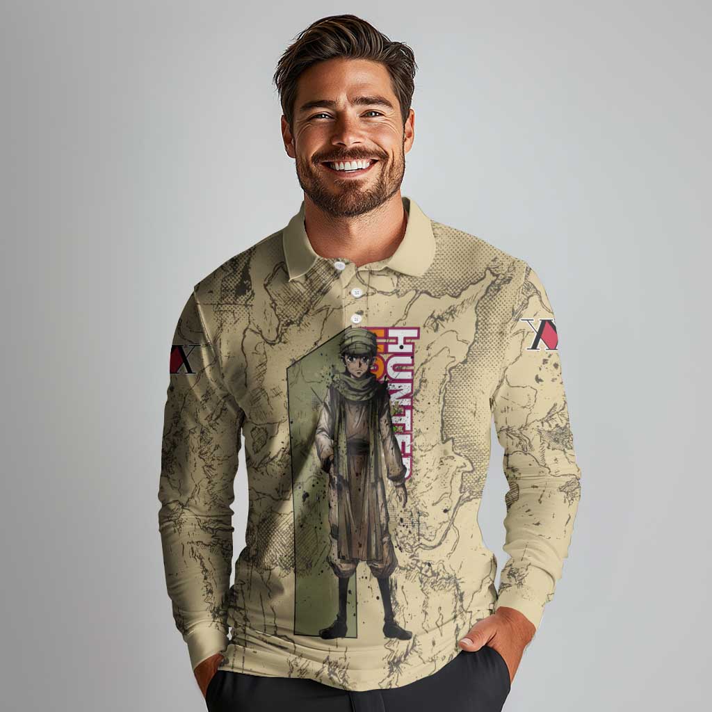 Ging Freecss Theme Desert Explorer Design Long Sleeve Polo Shirt with Ancient Map Background and Adventure Card Artwork - The Mazicc