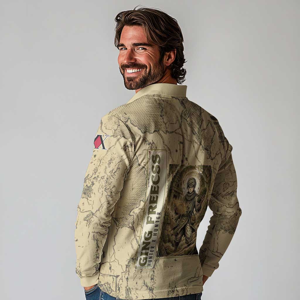 Ging Freecss Theme Desert Explorer Design Long Sleeve Polo Shirt with Ancient Map Background and Adventure Card Artwork - The Mazicc