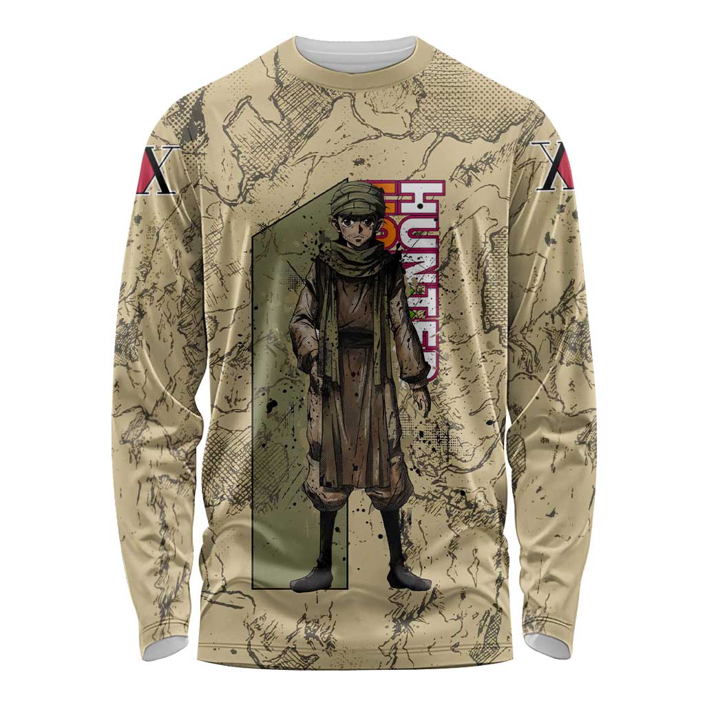 Ging Freecss Theme Desert Explorer Design Long Sleeve Shirt with Ancient Map Background and Adventure Card Artwork - The Mazicc