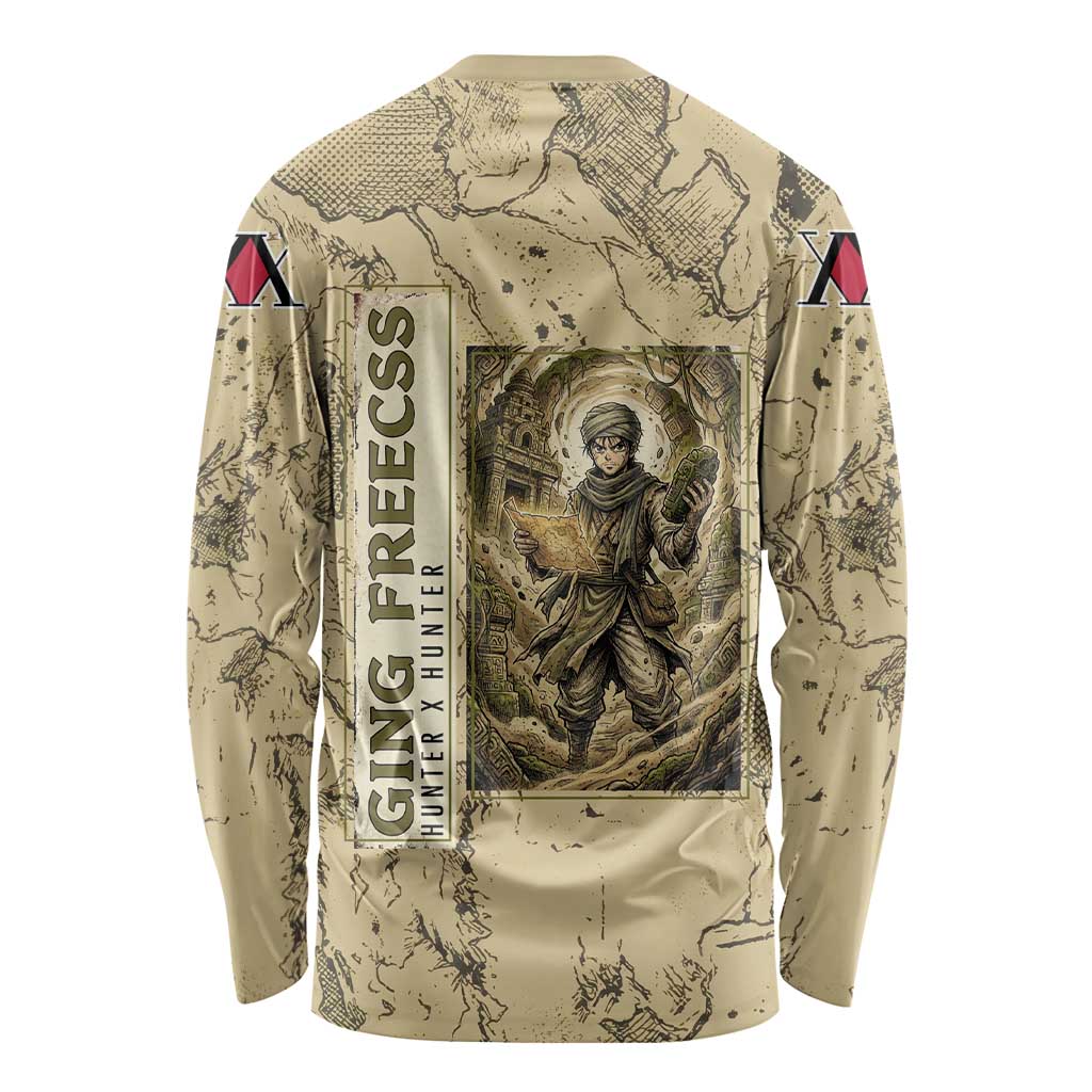 Ging Freecss Theme Desert Explorer Design Long Sleeve Shirt with Ancient Map Background and Adventure Card Artwork - The Mazicc