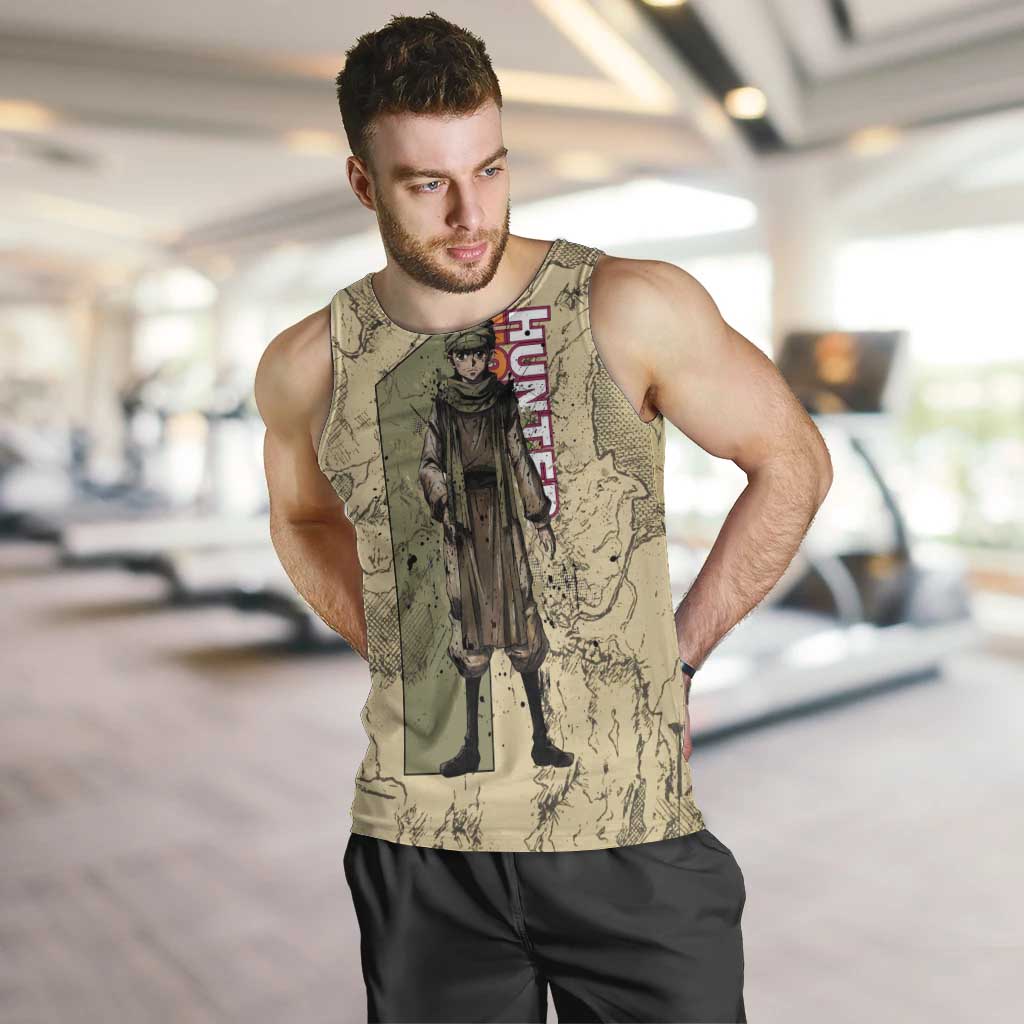 Ging Freecss Theme Desert Explorer Design Men Tank Top with Ancient Map Background and Adventure Card Artwork - The Mazicc