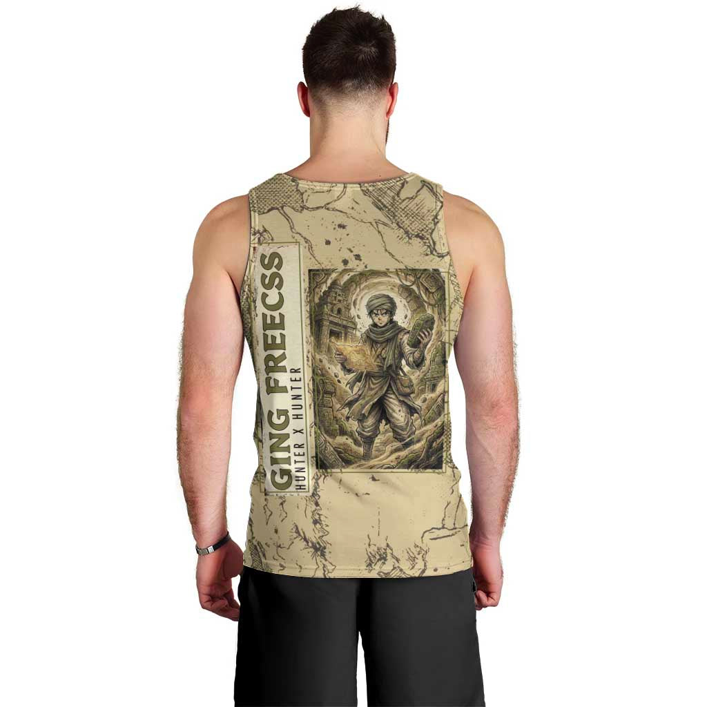 Ging Freecss Theme Desert Explorer Design Men Tank Top with Ancient Map Background and Adventure Card Artwork - The Mazicc
