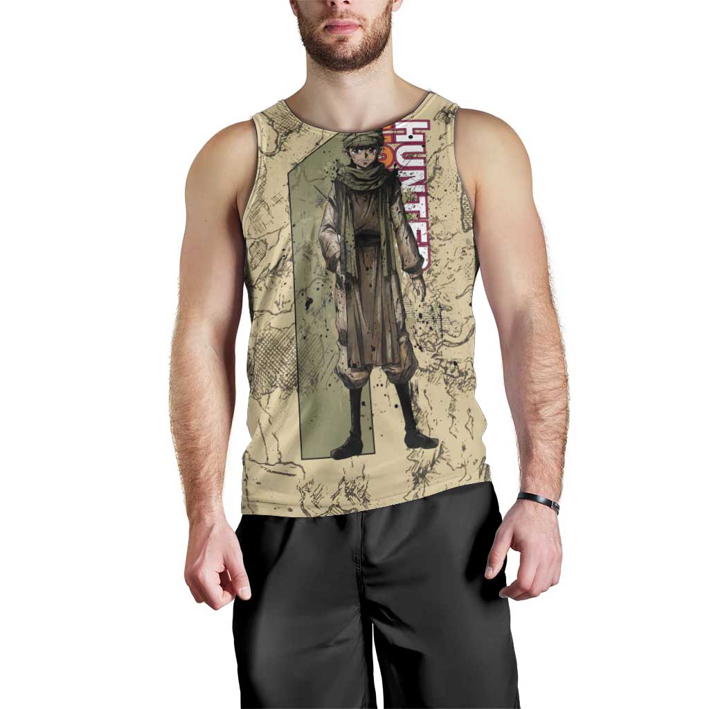 Ging Freecss Theme Desert Explorer Design Men Tank Top with Ancient Map Background and Adventure Card Artwork - The Mazicc