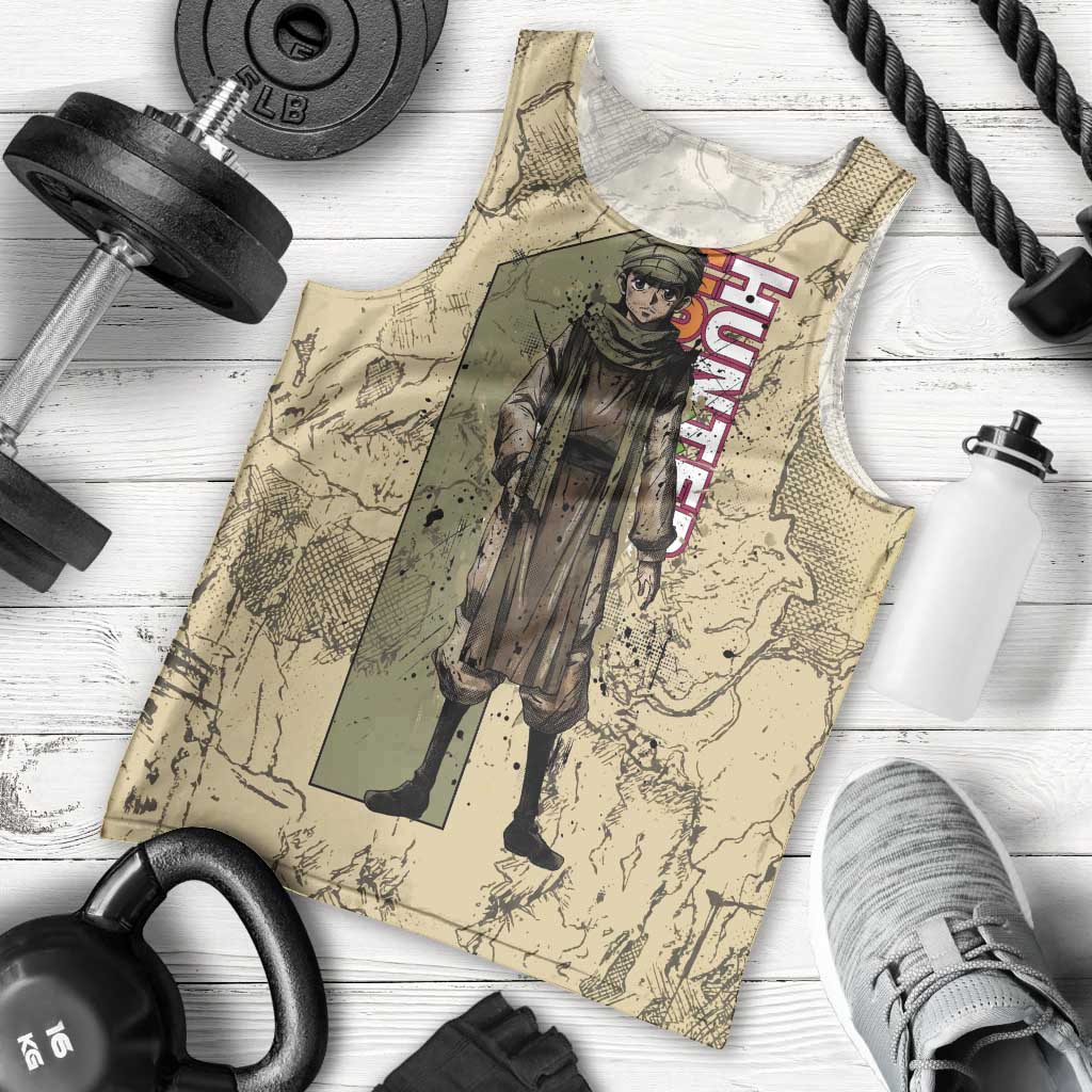 Ging Freecss Theme Desert Explorer Design Men Tank Top with Ancient Map Background and Adventure Card Artwork - The Mazicc