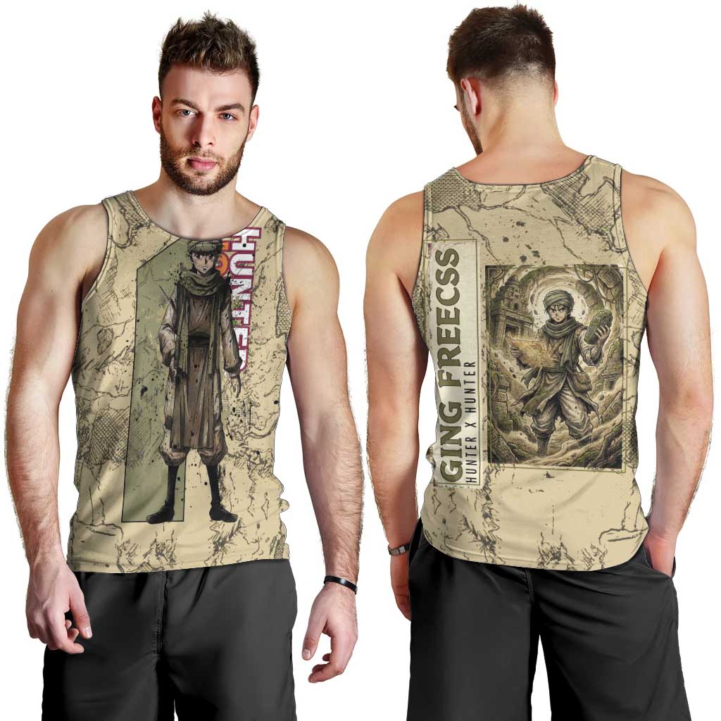 Ging Freecss Theme Desert Explorer Design Men Tank Top with Ancient Map Background and Adventure Card Artwork - The Mazicc