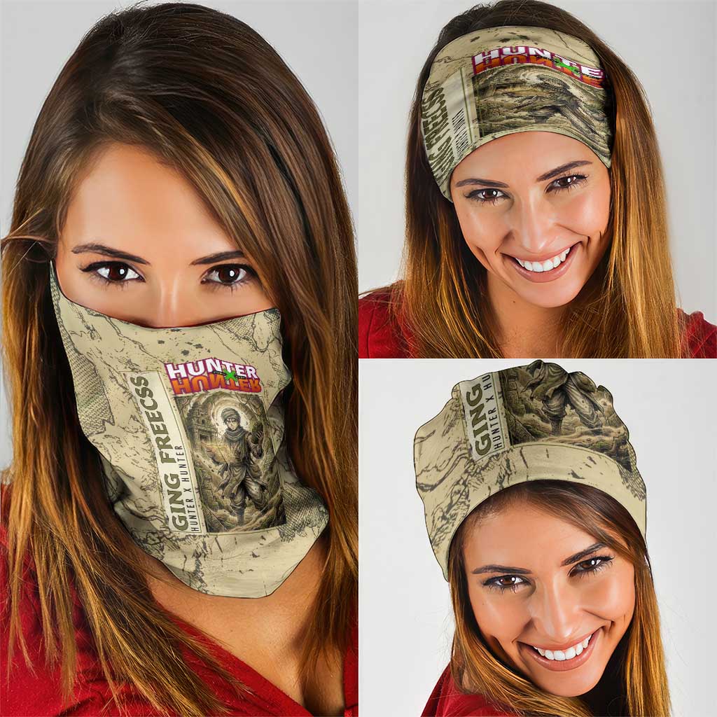 Ging Freecss Theme Desert Explorer Design Neck Gaiter with Ancient Map Background and Adventure Card Artwork - The Mazicc