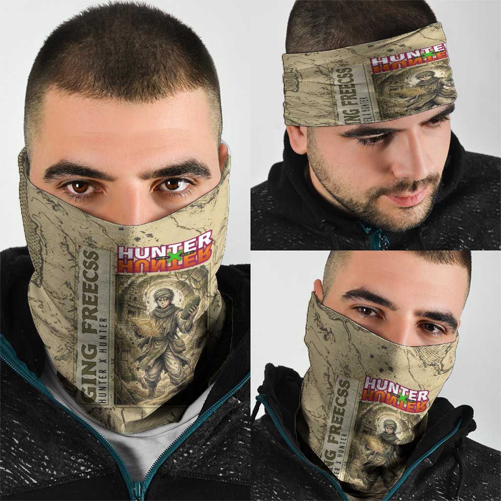 Ging Freecss Theme Desert Explorer Design Neck Gaiter with Ancient Map Background and Adventure Card Artwork - The Mazicc