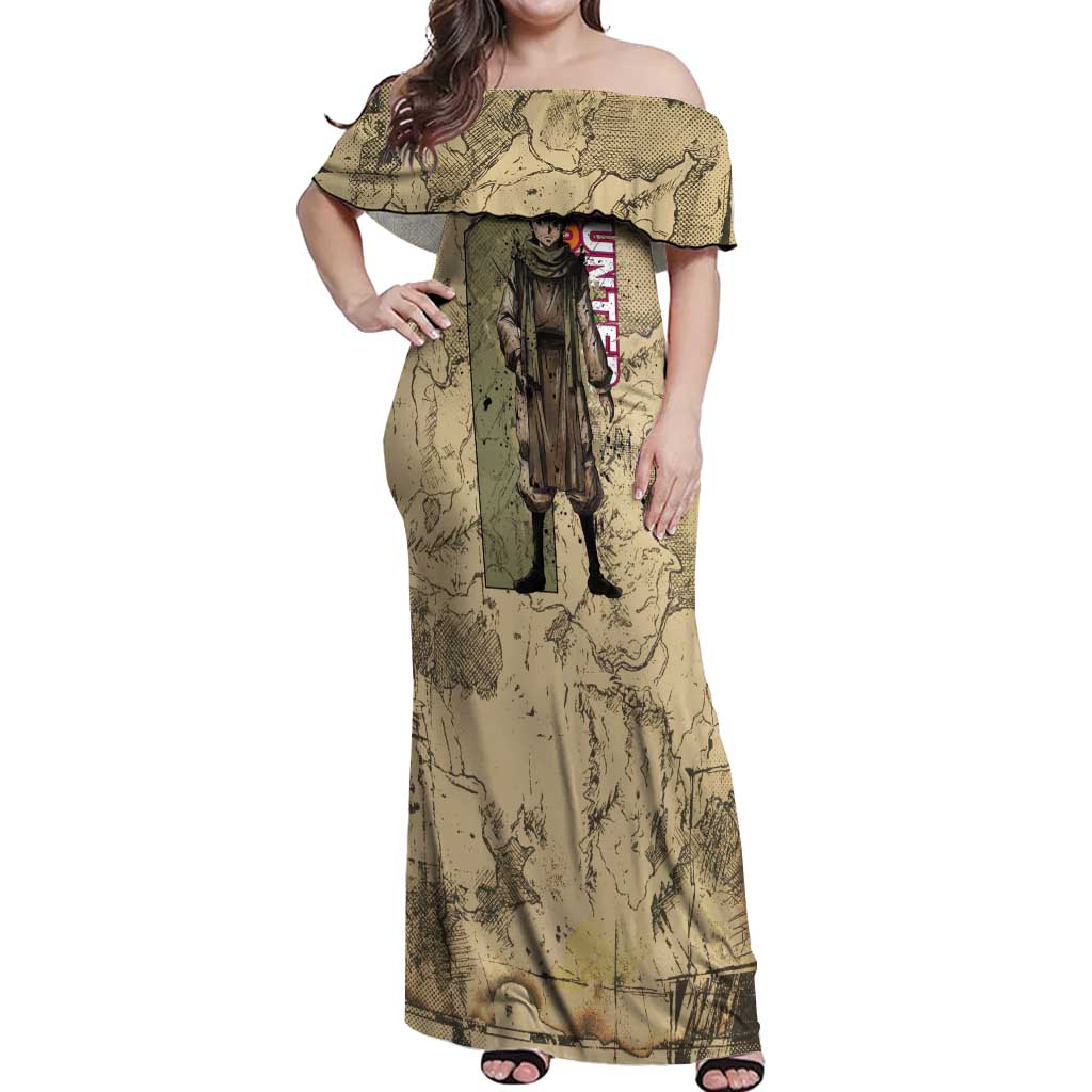 Ging Freecss Theme Desert Explorer Design Off Shoulder Maxi Dress with Ancient Map Background and Adventure Card Artwork - The Mazicc