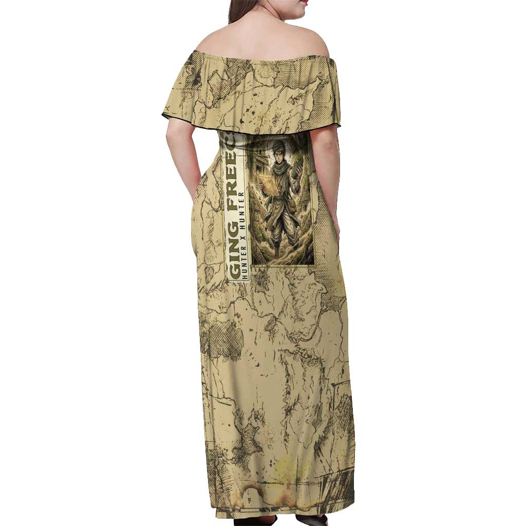 Ging Freecss Theme Desert Explorer Design Off Shoulder Maxi Dress with Ancient Map Background and Adventure Card Artwork - The Mazicc