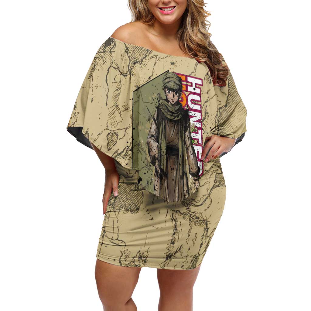 Ging Freecss Theme Desert Explorer Design Off Shoulder Short Dress with Ancient Map Background and Adventure Card Artwork - The Mazicc
