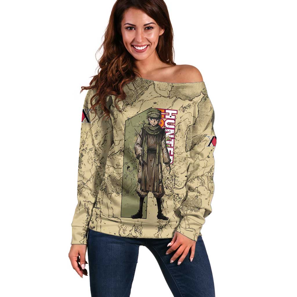 Ging Freecss Theme Desert Explorer Design Off Shoulder Sweater with Ancient Map Background and Adventure Card Artwork - The Mazicc