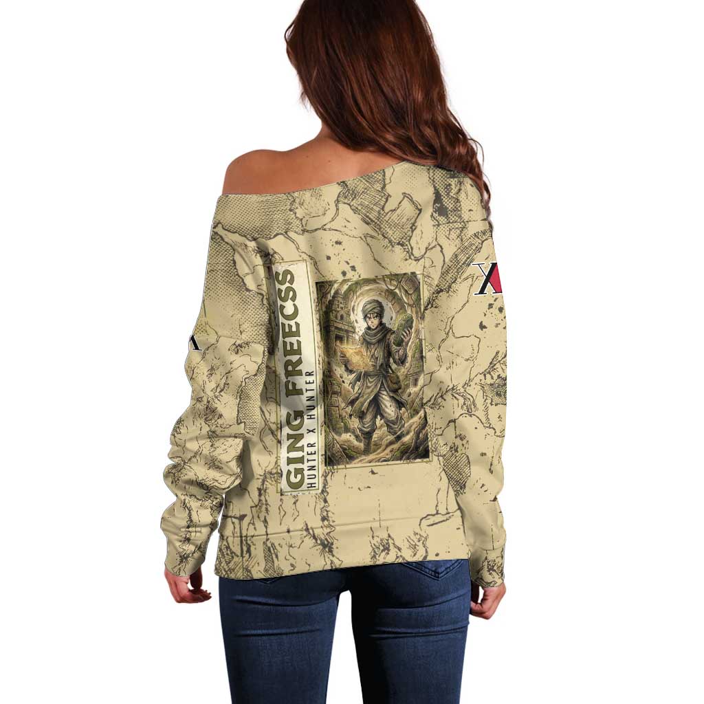 Ging Freecss Theme Desert Explorer Design Off Shoulder Sweater with Ancient Map Background and Adventure Card Artwork - The Mazicc