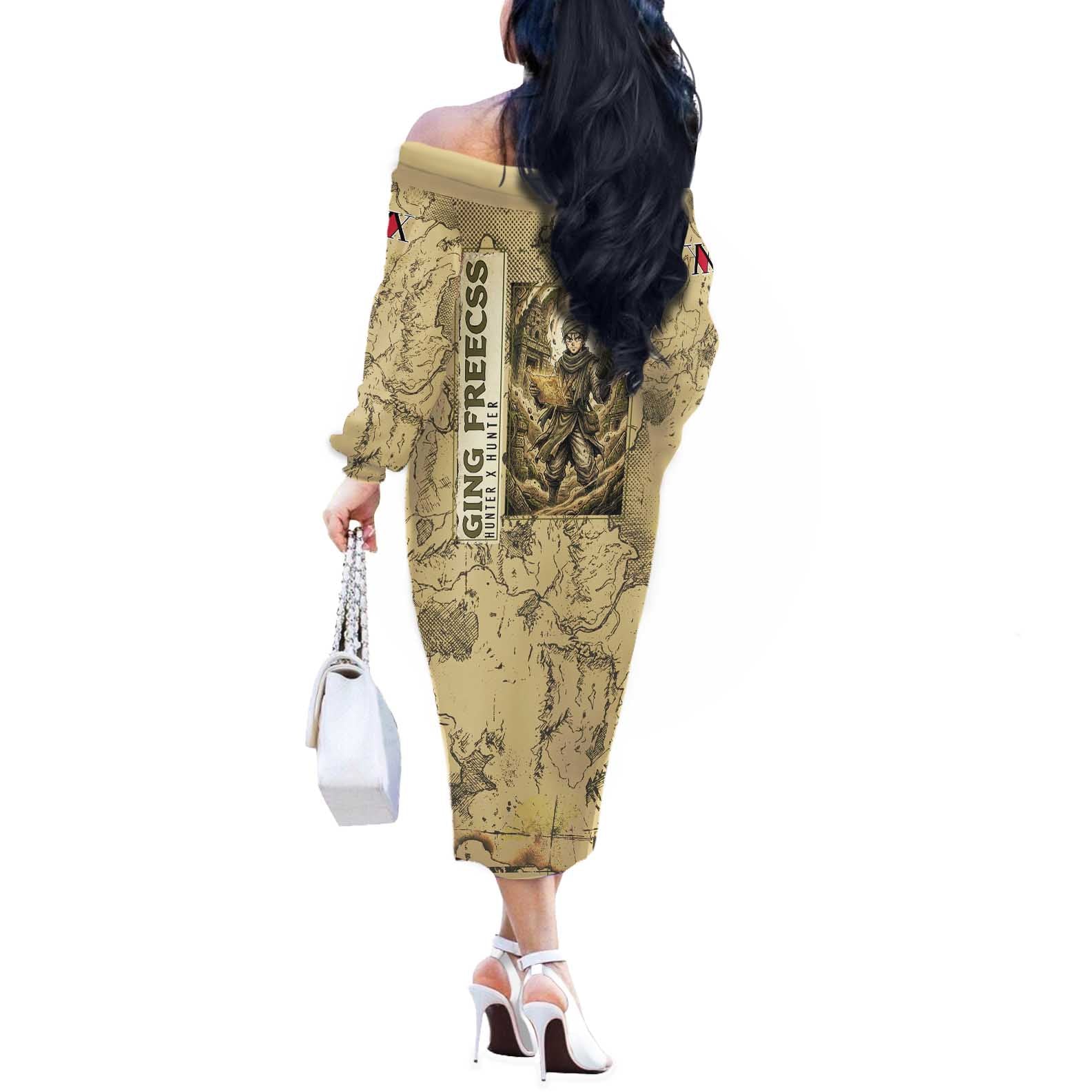 Ging Freecss Theme Desert Explorer Design Off The Shoulder Long Sleeve Dress with Ancient Map Background and Adventure Card Artwork - The Mazicc