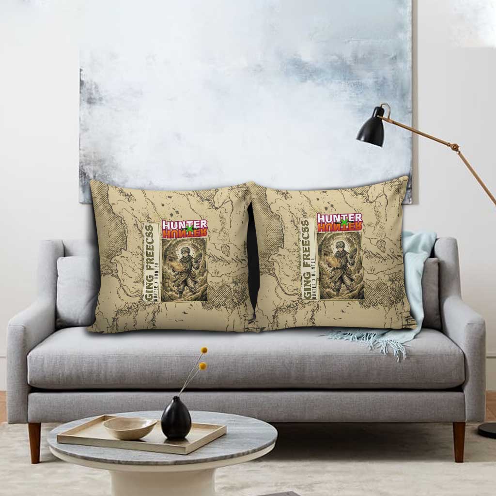 Ging Freecss Theme Desert Explorer Design Pillow Cover with Ancient Map Background and Adventure Card Artwork - The Mazicc