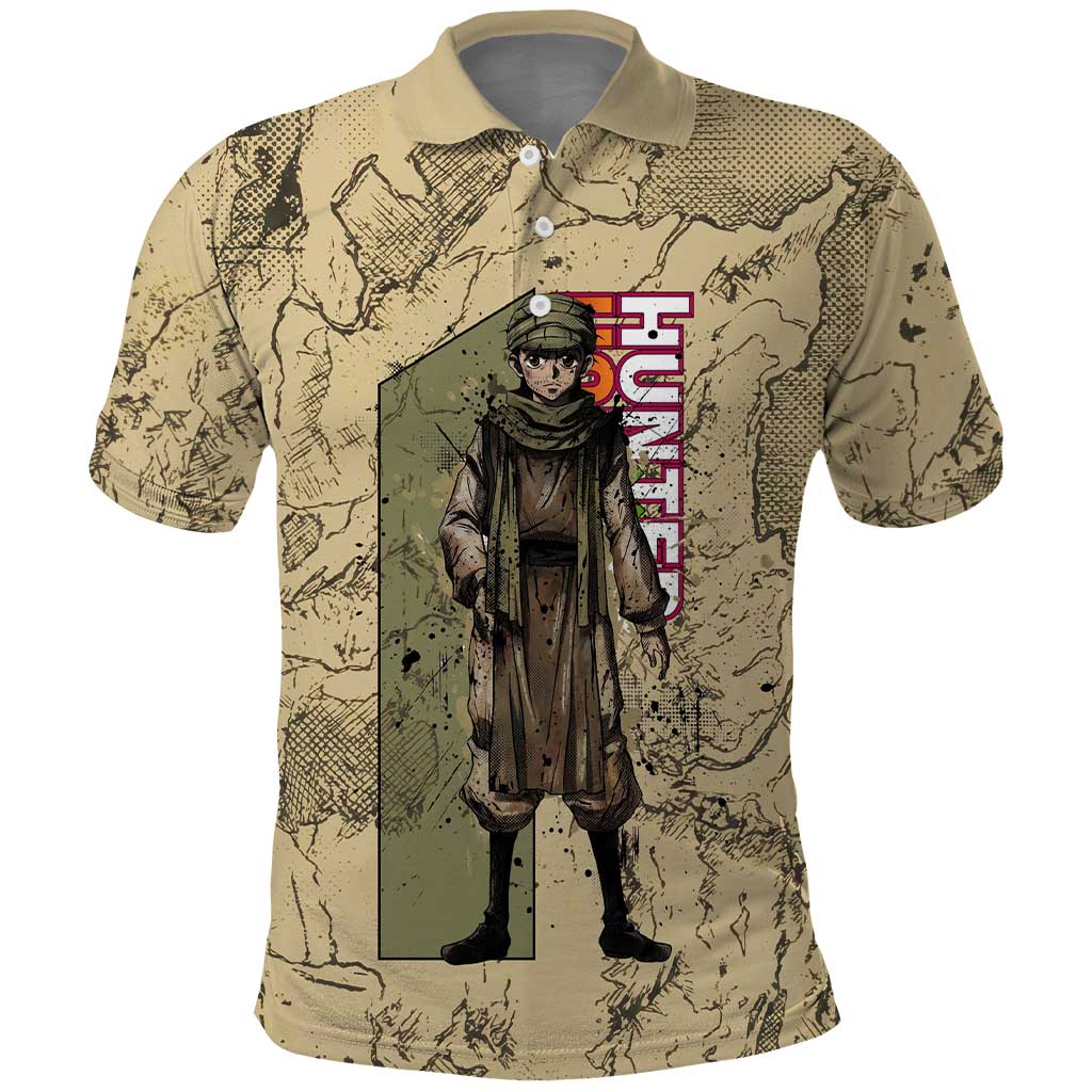 Ging Freecss Theme Desert Explorer Design Polo Shirt with Ancient Map Background and Adventure Card Artwork - The Mazicc