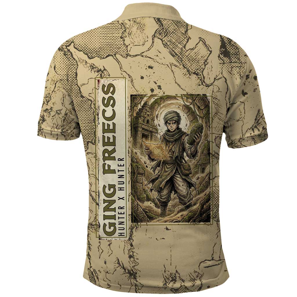 Ging Freecss Theme Desert Explorer Design Polo Shirt with Ancient Map Background and Adventure Card Artwork - The Mazicc