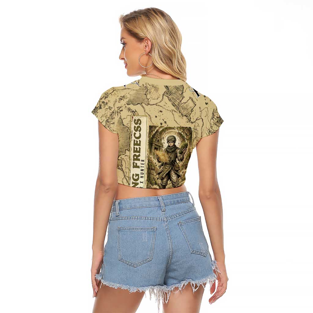 Ging Freecss Theme Desert Explorer Design Raglan Cropped T Shirt with Ancient Map Background and Adventure Card Artwork - The Mazicc