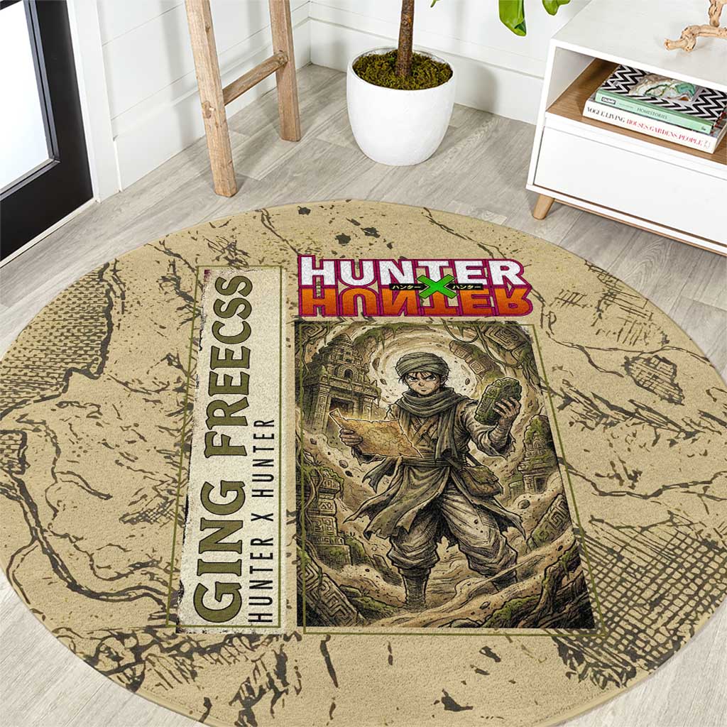 Ging Freecss Theme Desert Explorer Design Round Carpet with Ancient Map Background and Adventure Card Artwork - The Mazicc