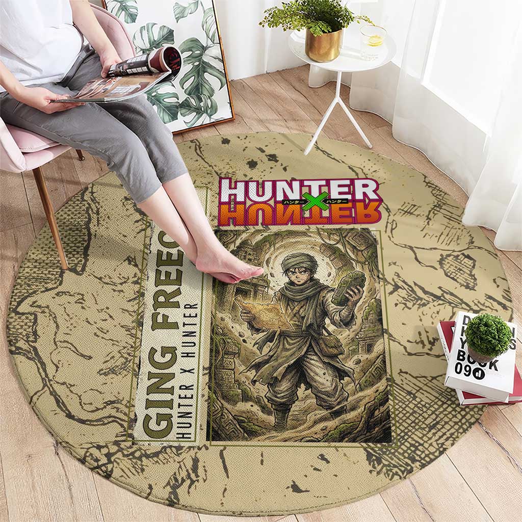 Ging Freecss Theme Desert Explorer Design Round Carpet with Ancient Map Background and Adventure Card Artwork - The Mazicc