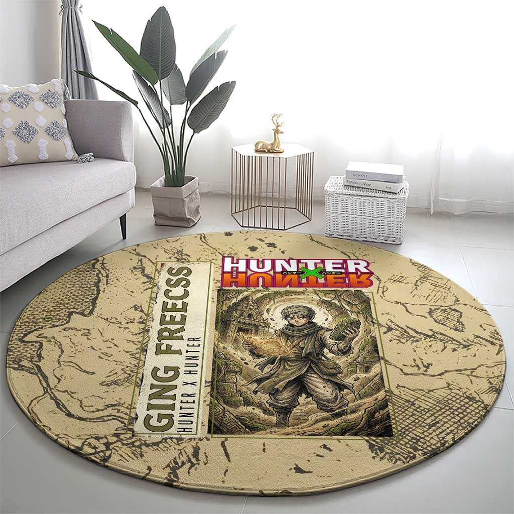 Ging Freecss Theme Desert Explorer Design Round Carpet with Ancient Map Background and Adventure Card Artwork - The Mazicc