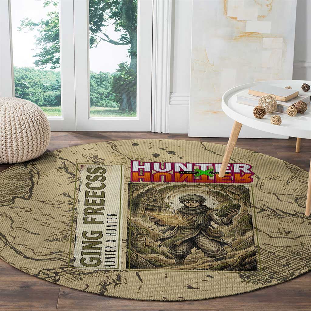 Ging Freecss Theme Desert Explorer Design Round Carpet with Ancient Map Background and Adventure Card Artwork - The Mazicc