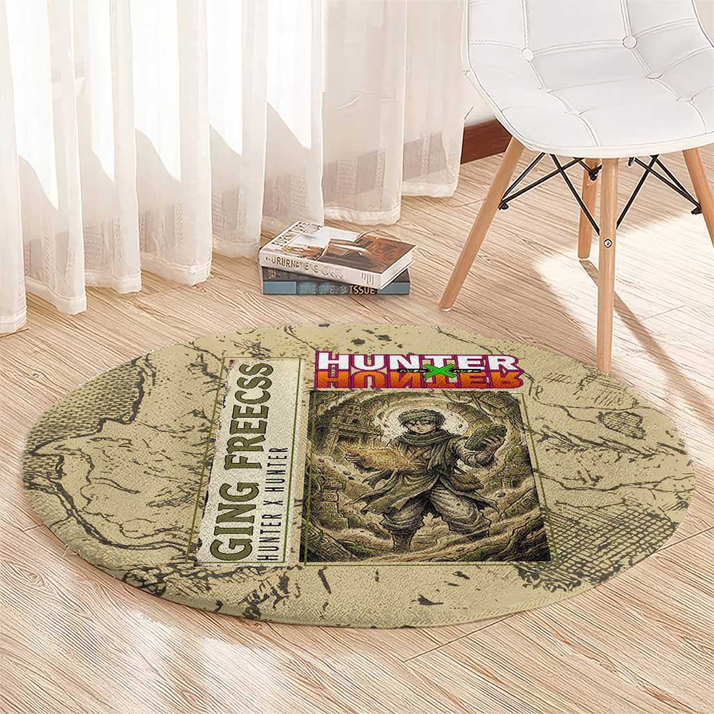 Ging Freecss Theme Desert Explorer Design Round Carpet with Ancient Map Background and Adventure Card Artwork - The Mazicc