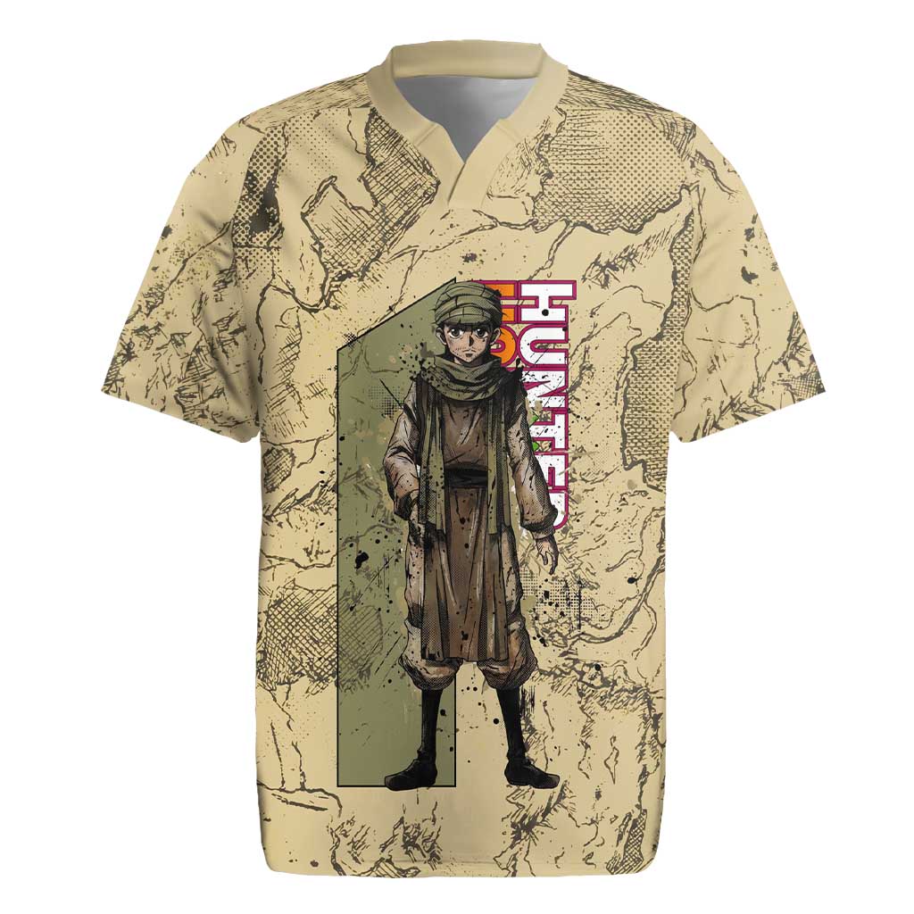 Ging Freecss Theme Desert Explorer Design Rugby Jersey with Ancient Map Background and Adventure Card Artwork - The Mazicc