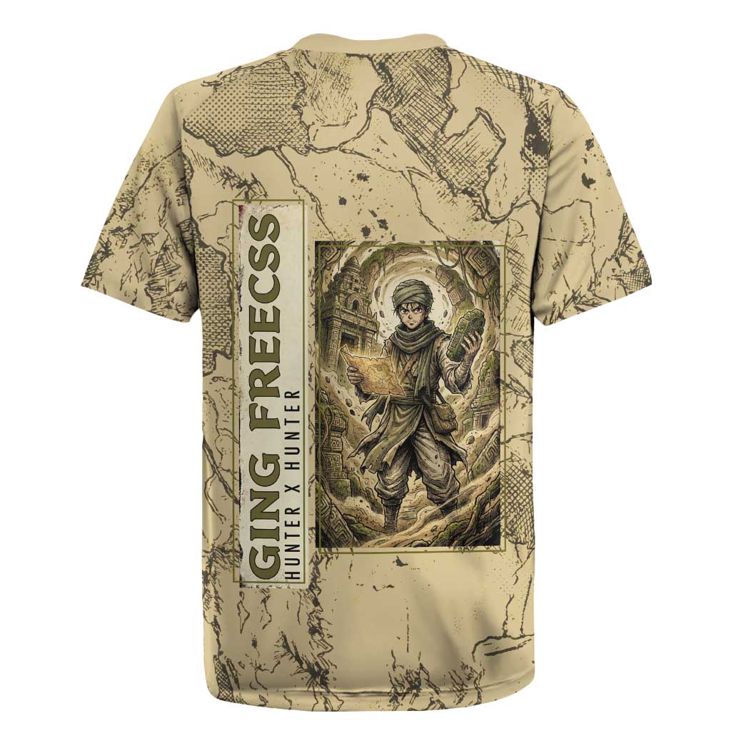 Ging Freecss Theme Desert Explorer Design Rugby Jersey with Ancient Map Background and Adventure Card Artwork - The Mazicc