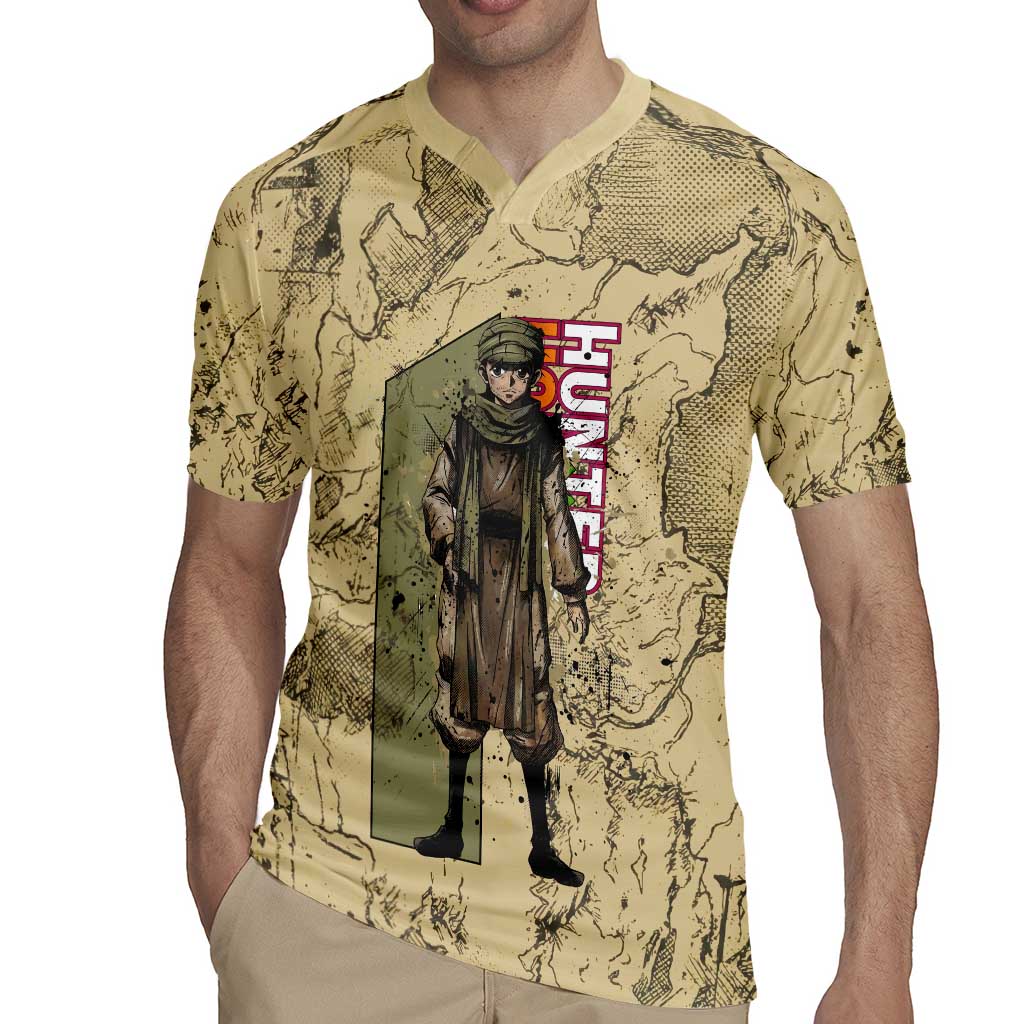 Ging Freecss Theme Desert Explorer Design Rugby Jersey with Ancient Map Background and Adventure Card Artwork - The Mazicc