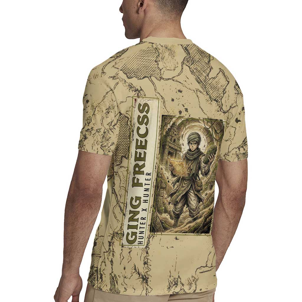 Ging Freecss Theme Desert Explorer Design Rugby Jersey with Ancient Map Background and Adventure Card Artwork - The Mazicc