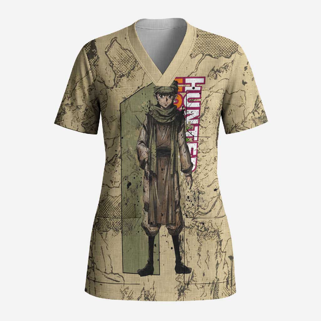 Ging Freecss Theme Desert Explorer Design Scrub Top with Ancient Map Background and Adventure Card Artwork - The Mazicc