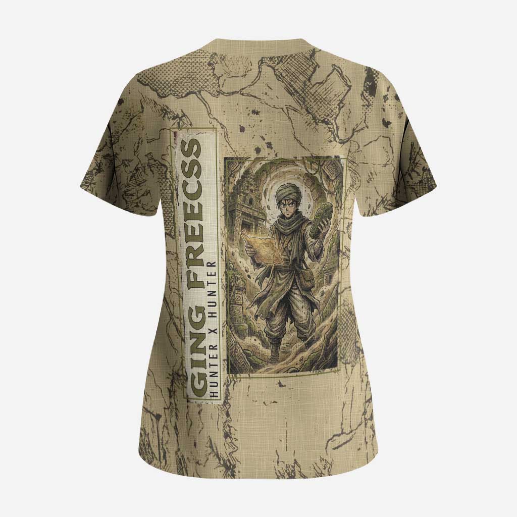 Ging Freecss Theme Desert Explorer Design Scrub Top with Ancient Map Background and Adventure Card Artwork - The Mazicc