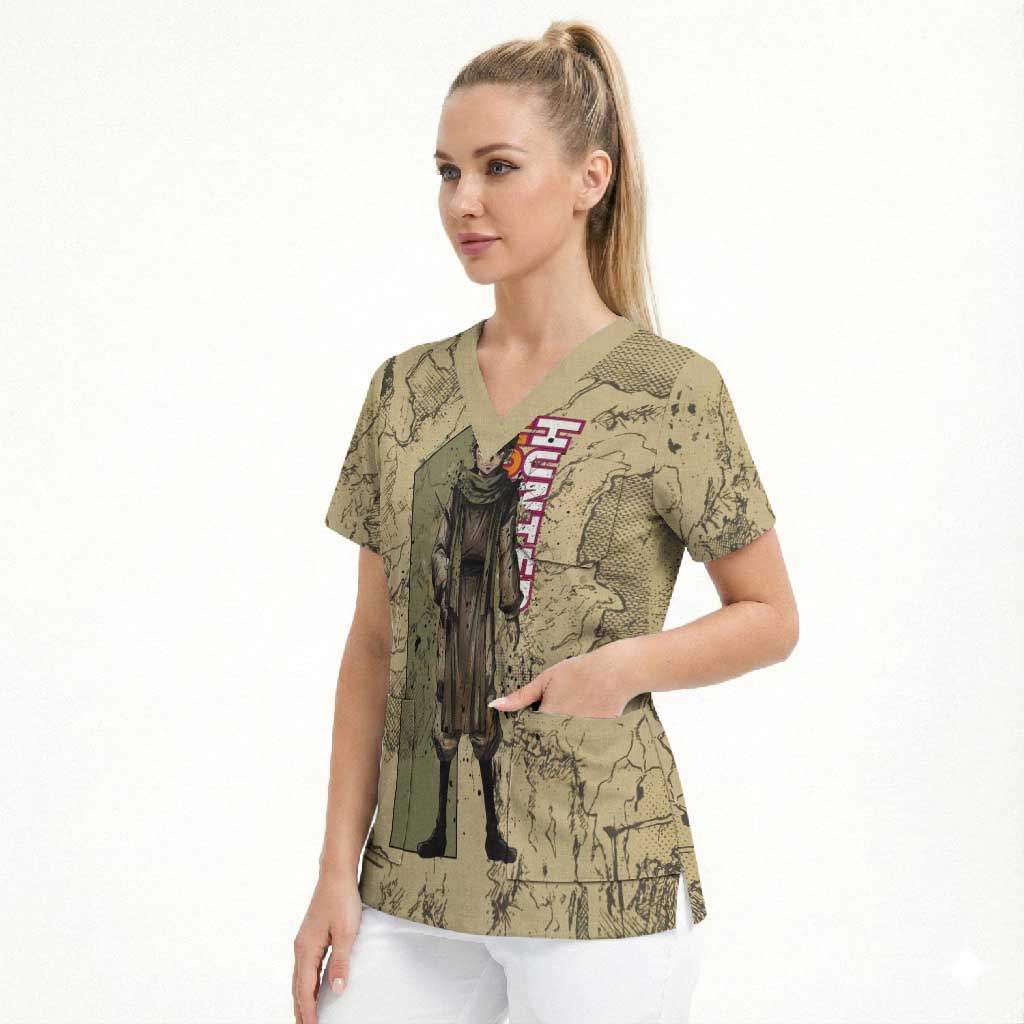 Ging Freecss Theme Desert Explorer Design Scrub Top with Ancient Map Background and Adventure Card Artwork - The Mazicc