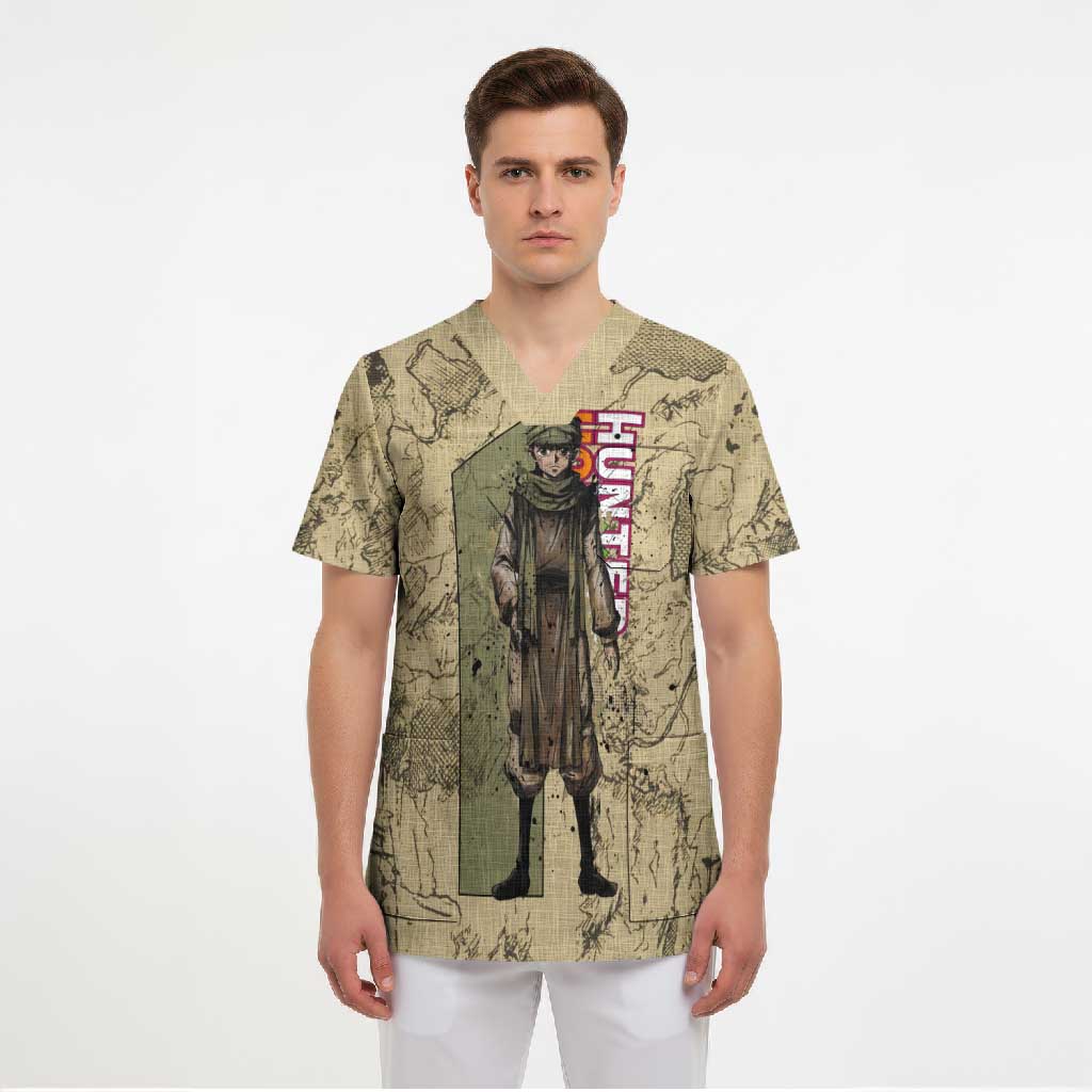 Ging Freecss Theme Desert Explorer Design Scrub Top with Ancient Map Background and Adventure Card Artwork - The Mazicc
