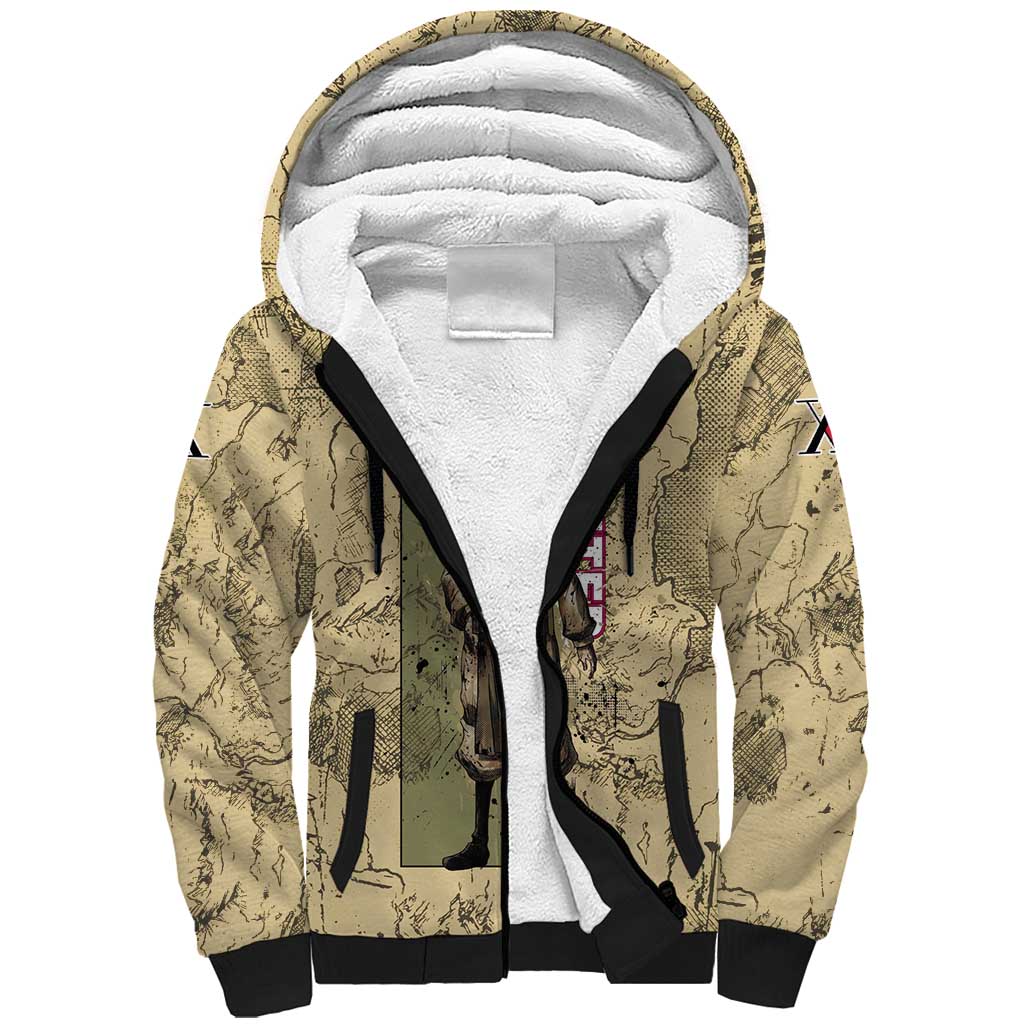 Ging Freecss Theme Desert Explorer Design Sherpa Hoodie with Ancient Map Background and Adventure Card Artwork - The Mazicc