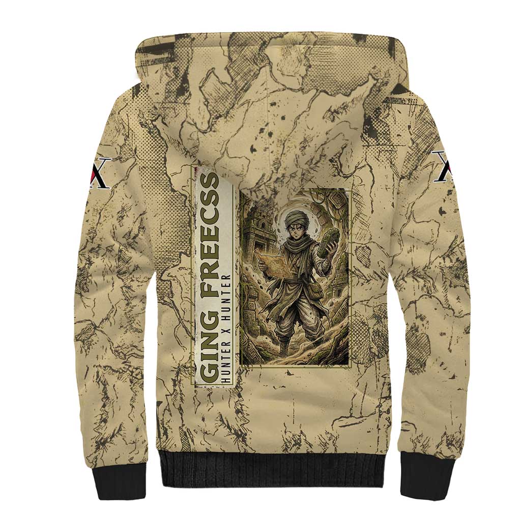 Ging Freecss Theme Desert Explorer Design Sherpa Hoodie with Ancient Map Background and Adventure Card Artwork - The Mazicc