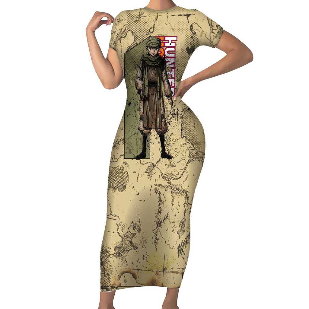 Ging Freecss Theme Desert Explorer Design Short Sleeve Bodycon Dress with Ancient Map Background and Adventure Card Artwork - The Mazicc