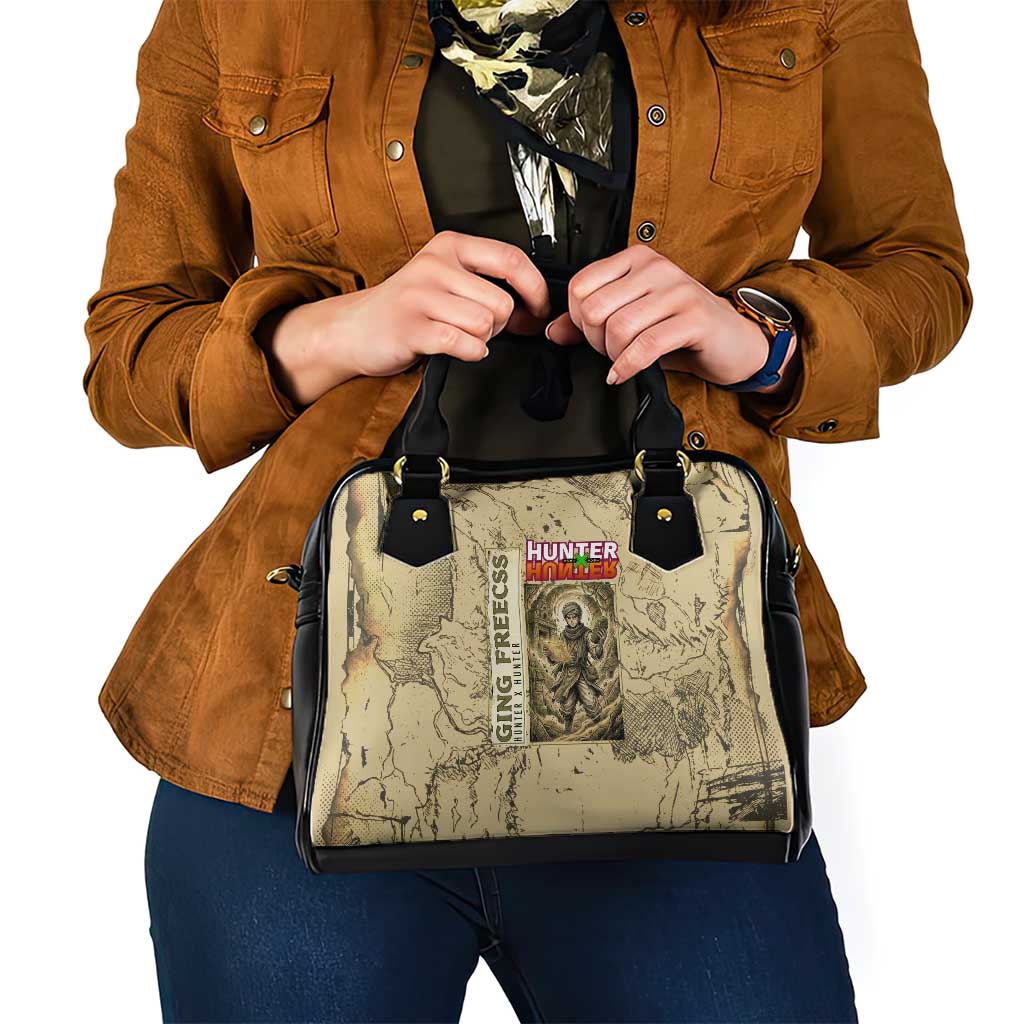 Ging Freecss Theme Desert Explorer Design Shoulder Handbag with Ancient Map Background and Adventure Card Artwork - The Mazicc