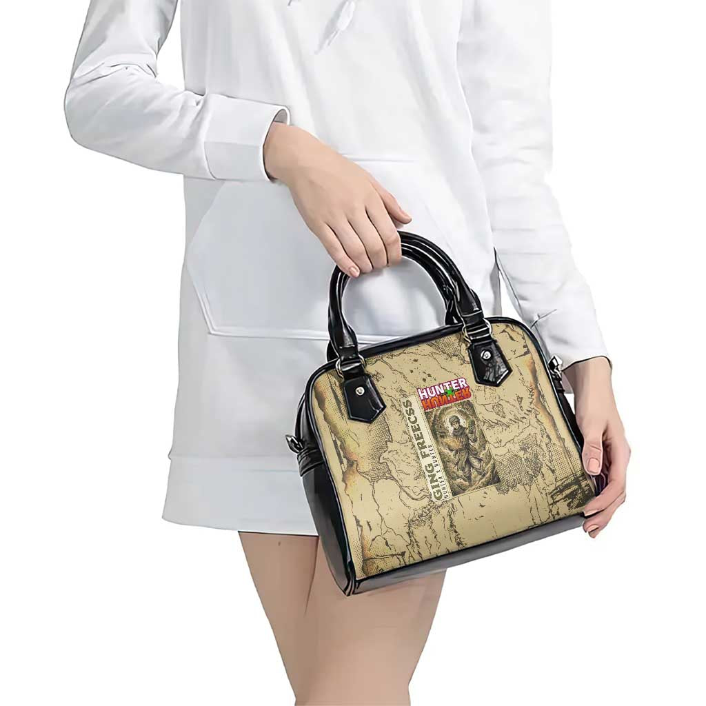 Ging Freecss Theme Desert Explorer Design Shoulder Handbag with Ancient Map Background and Adventure Card Artwork - The Mazicc