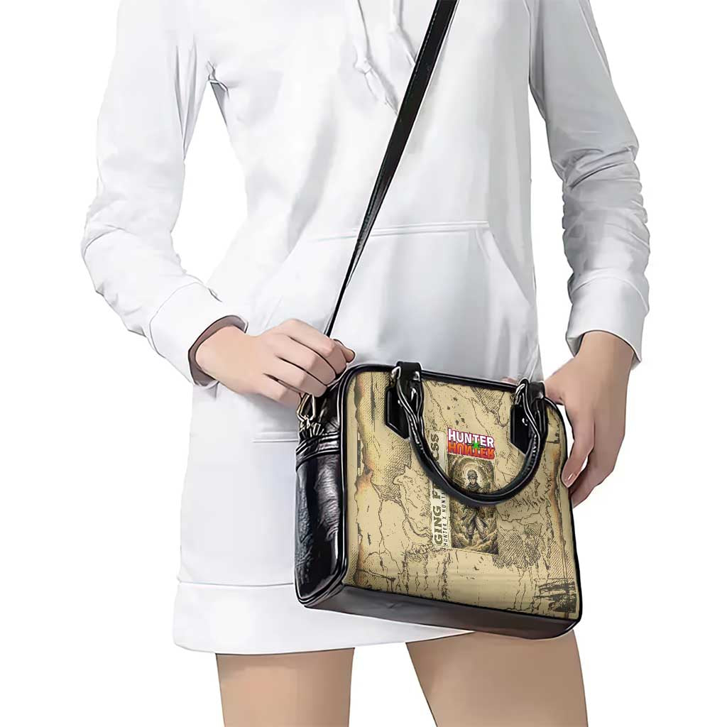 Ging Freecss Theme Desert Explorer Design Shoulder Handbag with Ancient Map Background and Adventure Card Artwork - The Mazicc